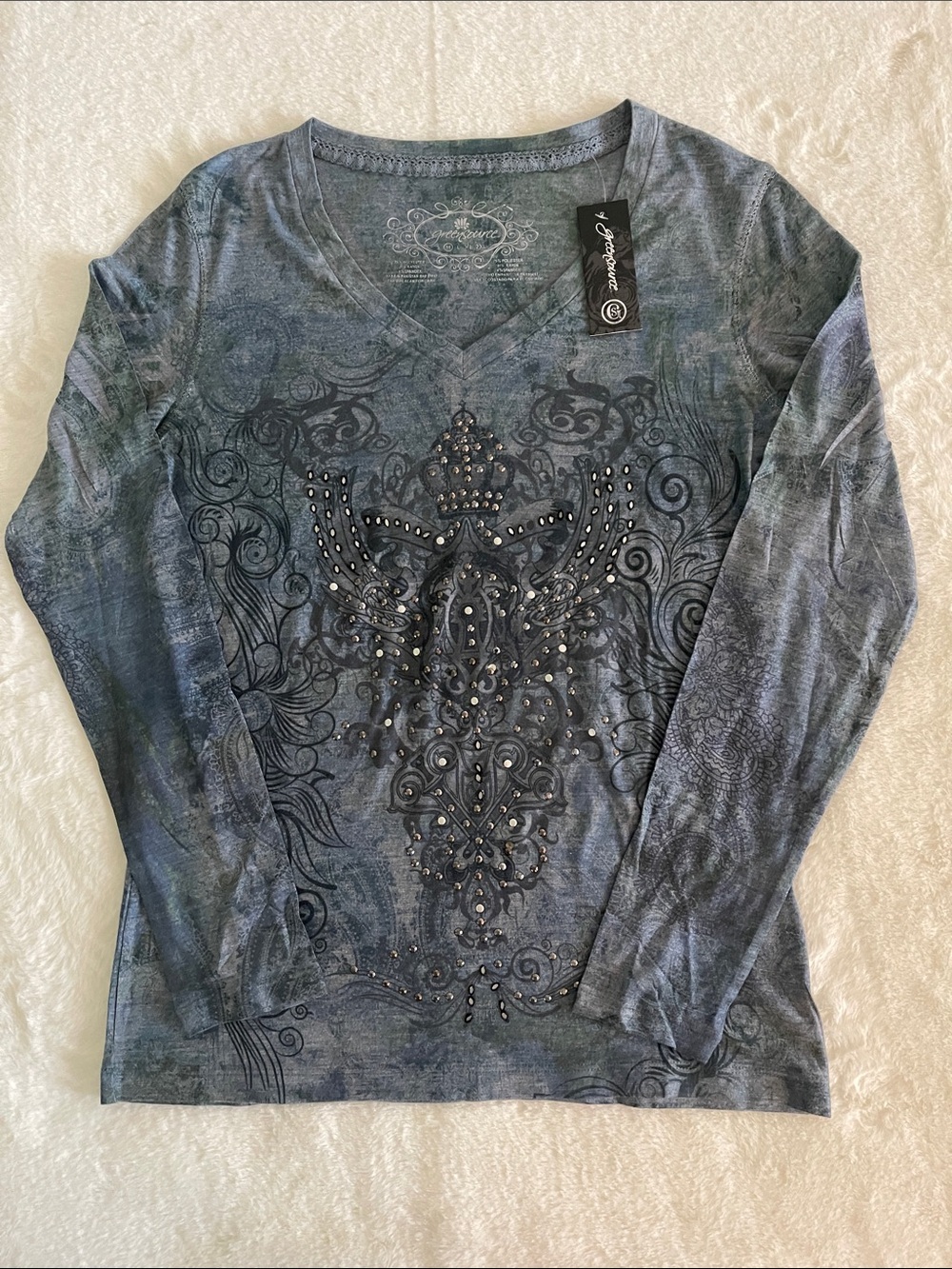 Greensource Blue Embellished V-Neck Long Sleeve Top  Ladies SZ M  NWT